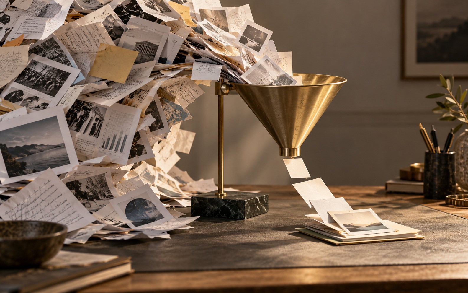 A brass funnel filtering a flood of information into a small number of selected signals