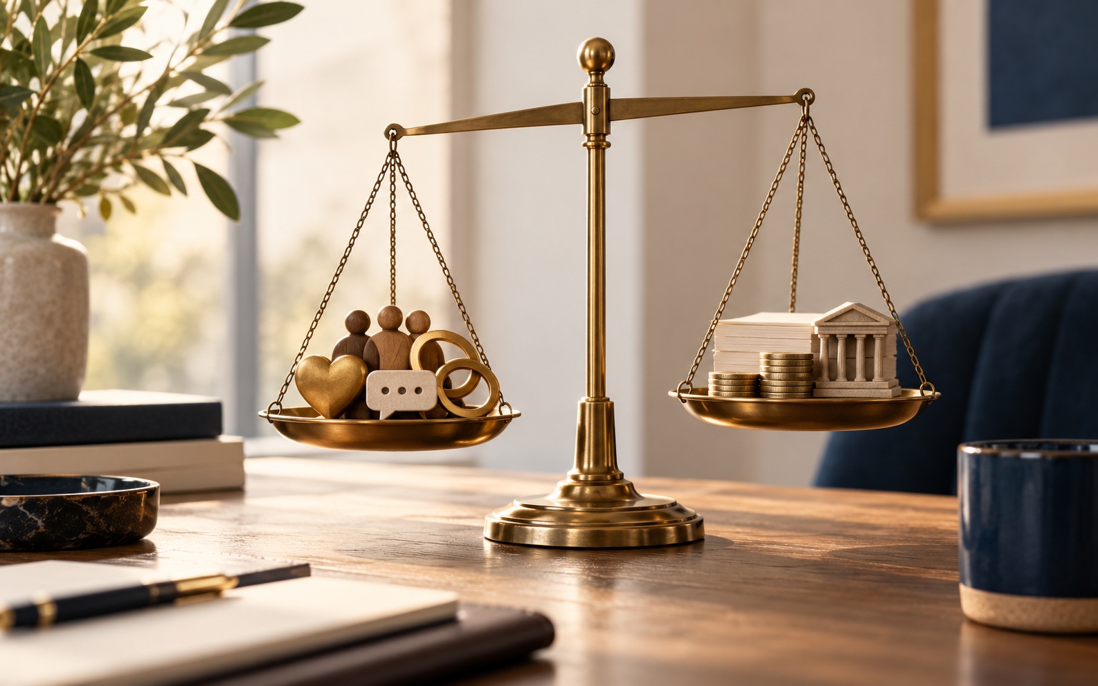 A brass balance scale representing the balance of trust, recognition and organisational value