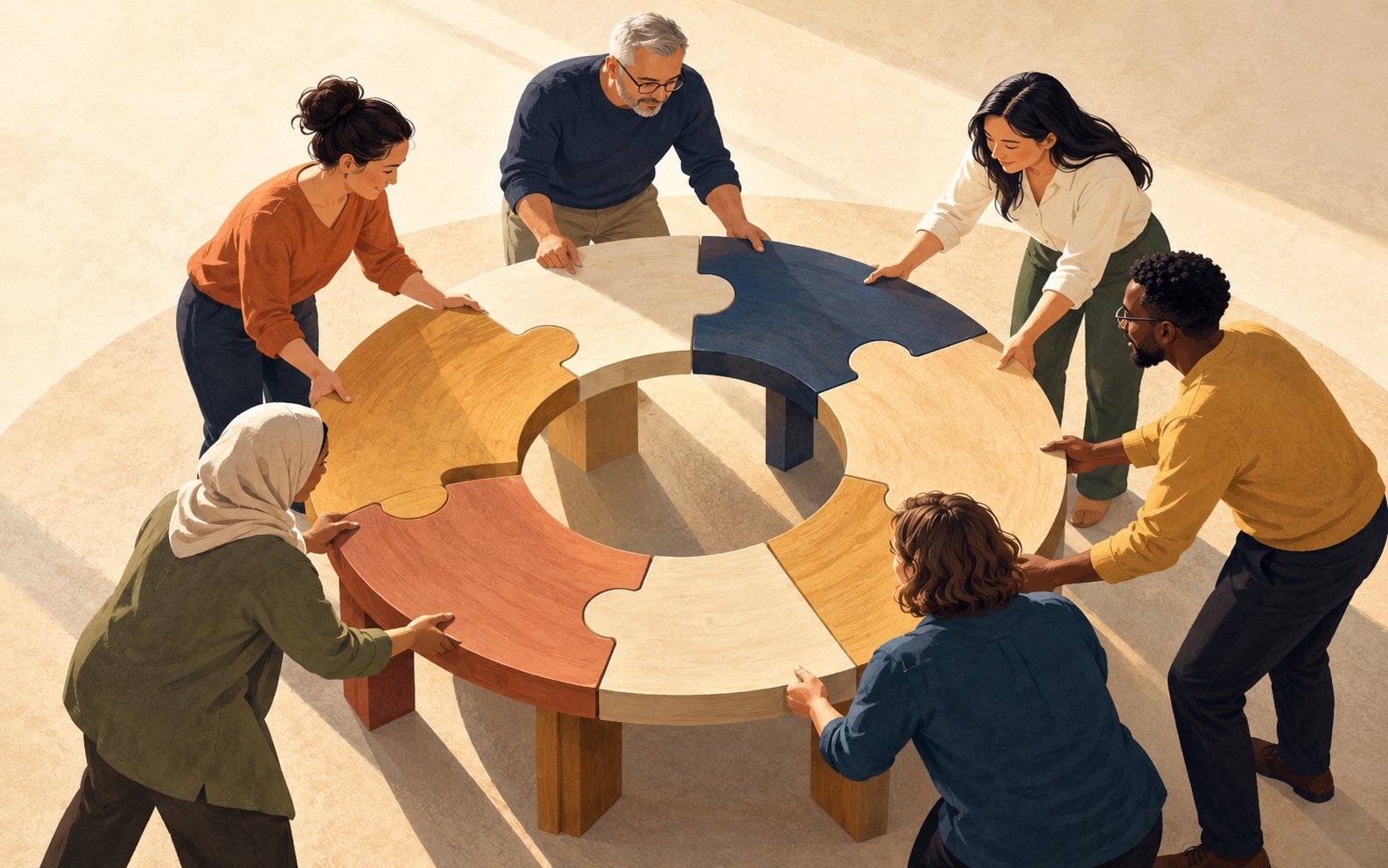 People collaborating around a circular puzzle table, representing shared ownership in volunteer leadership